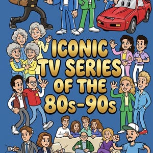 May include: Illustration featuring cartoon characters from iconic TV series of the 80s and 90s. The image includes characters from various shows, a red sports car, and the text "ICONIC TV SERIES OF THE 80s-90s" in gold lettering against a blue background.