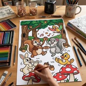 May include: A colorful illustration of woodland creatures dancing under trees, being colored with pencils. The scene includes squirrels, a rabbit, and a bird, with red and white mushrooms. Art supplies, including colored pencils, are on the wooden table.