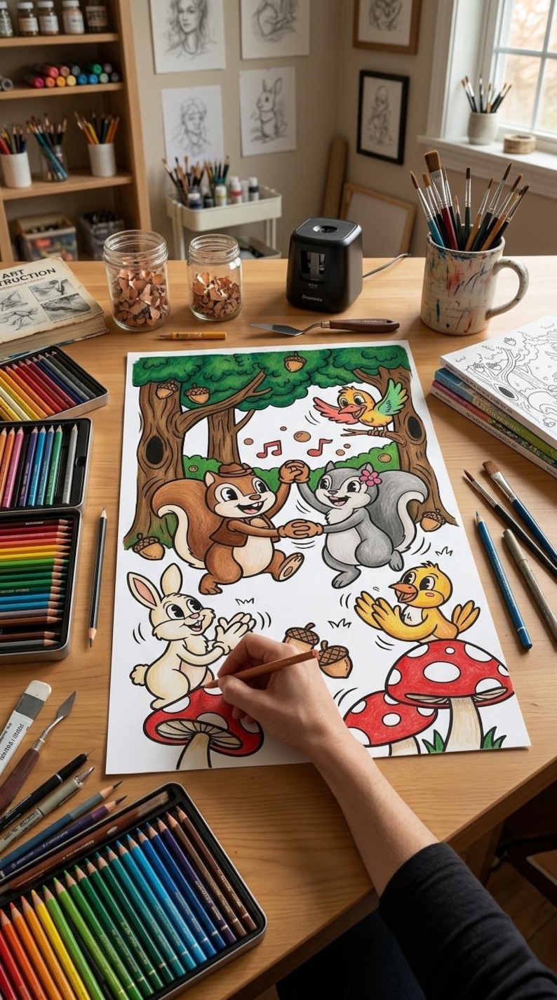 May include: A colorful illustration of woodland creatures dancing under trees, being colored with pencils. The scene includes squirrels, a rabbit, and a bird, with red and white mushrooms. Art supplies, including colored pencils, are on the wooden table.