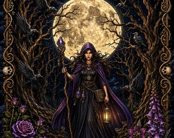 May include: A coloring book titled DARK WITCH GOTHIC featuring a central figure in a purple hooded cloak holding a staff and lantern. The scene includes a full moon, ravens, purple roses, and a decorative gold frame with skulls at the corners.