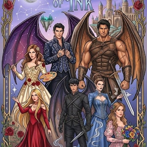 Pode incluir: Ilustra&ccedil;&atilde;o com personagens de "Courts of Ink". A imagem mostra figuras com asas, espadas e roupas elegantes. O t&iacute;tulo &eacute; exibido no topo. A paleta de cores inclui azuis, vermelhos e dourados, criando um tema de fantasia.