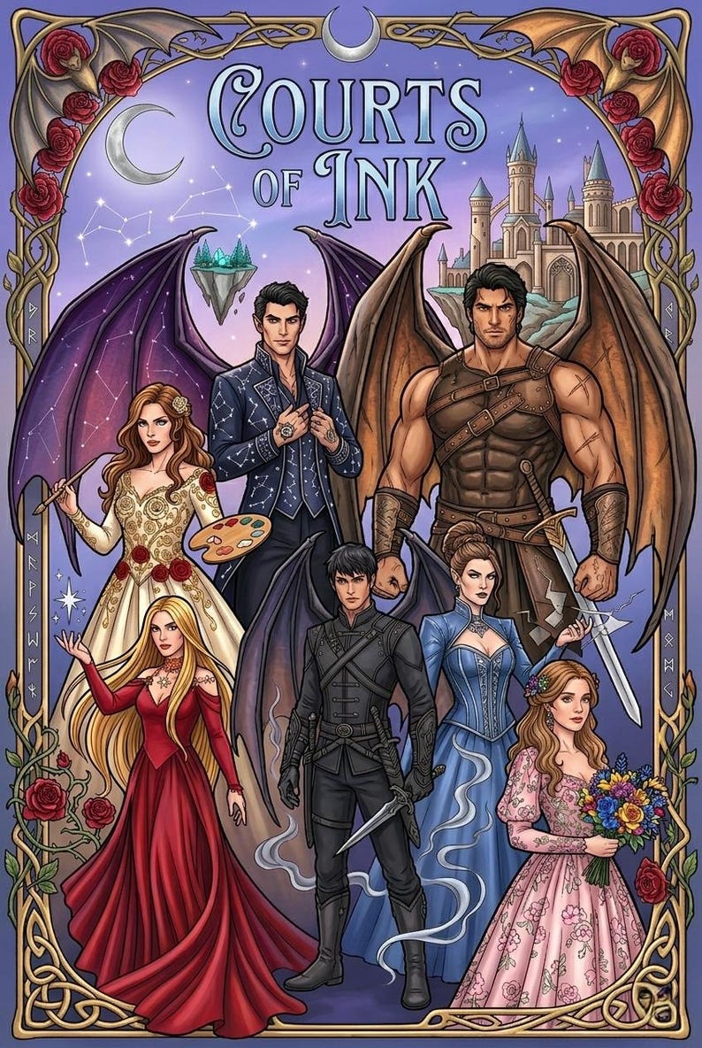 Pode incluir: Ilustra&ccedil;&atilde;o com personagens de "Courts of Ink". A imagem mostra figuras com asas, espadas e roupas elegantes. O t&iacute;tulo &eacute; exibido no topo. A paleta de cores inclui azuis, vermelhos e dourados, criando um tema de fantasia.