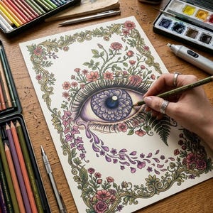 May include: A detailed illustration of an eye surrounded by floral elements, being colored with a green pencil. The artwork features a purple iris and a tear-like design. Art supplies, including colored pencils and watercolors, are visible.