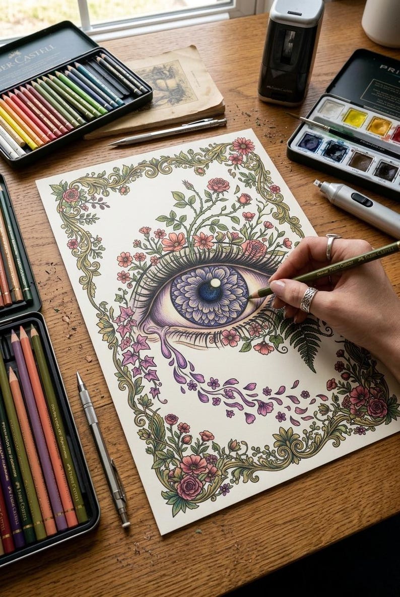May include: A detailed illustration of an eye surrounded by floral elements, being colored with a green pencil. The artwork features a purple iris and a tear-like design. Art supplies, including colored pencils and watercolors, are visible.