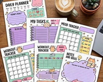 Kawaii Cat Planner Bundle, Habit Tracker, Mood Tracker