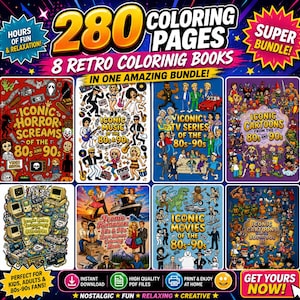 80s 90s Retro Coloring Book Bundle | 280 Pages Nostalgic Art Digital Download