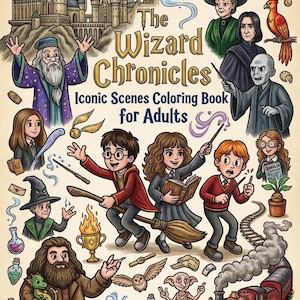 May include: A vibrant illustration for "The Wizard Chronicles" colouring book for adults. The image features iconic scenes and characters, including Hogwarts castle, wizards, and students on broomsticks. The book cover is filled with magical elements.