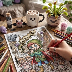 May include: A coloring page featuring a character in a green hooded cloak playing a flute, surrounded by children and rats in a stone city setting. The illustration includes smoke shaped like skulls, and is being colored with a red pencil.