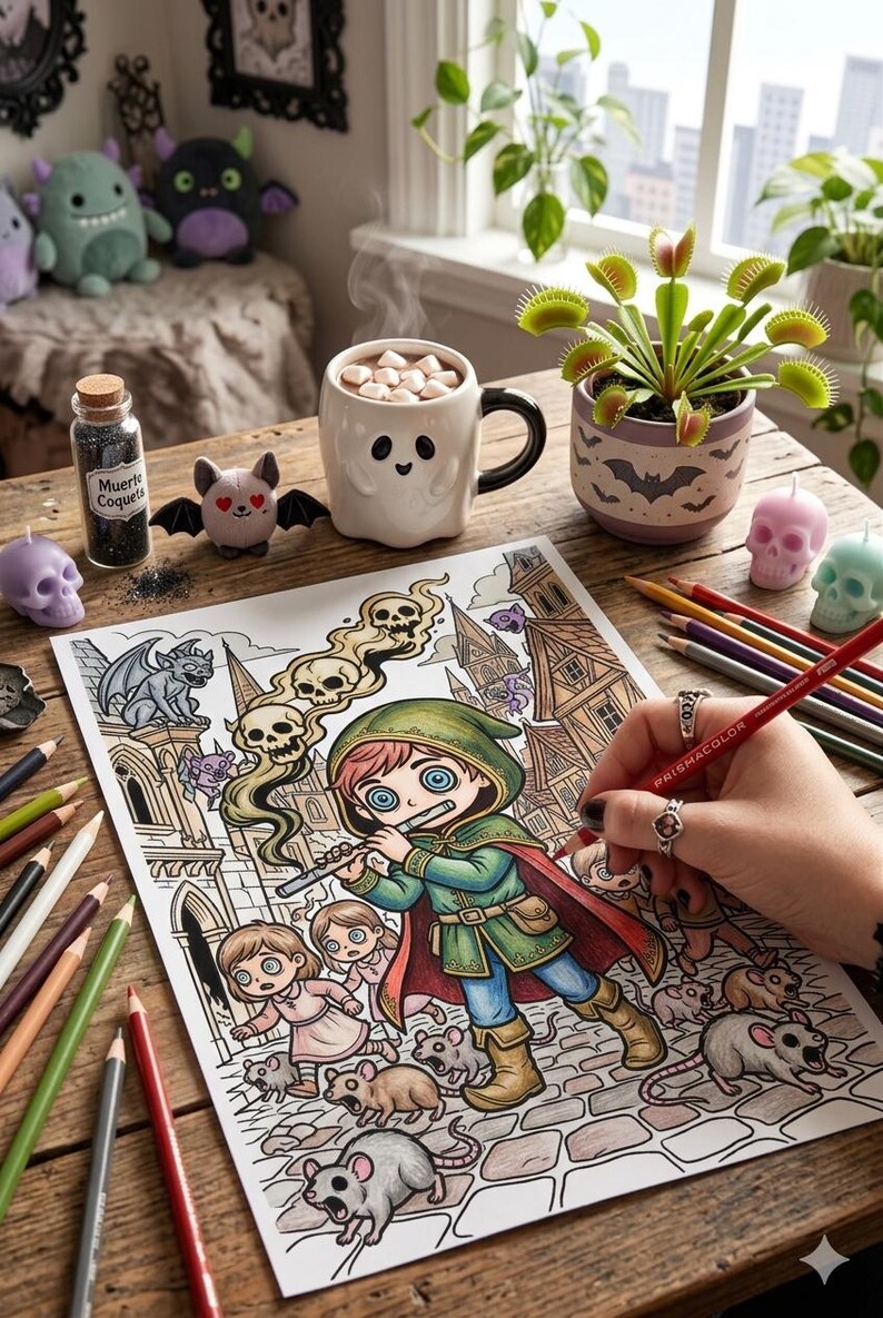 May include: A coloring page featuring a character in a green hooded cloak playing a flute, surrounded by children and rats in a stone city setting. The illustration includes smoke shaped like skulls, and is being colored with a red pencil.