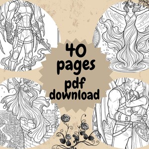 Pode incluir: Um download digital com 40 p&aacute;ginas de ilustra&ccedil;&otilde;es de fantasia. As imagens mostram desenhos detalhados de figuras aladas, uma paisagem urbana e cenas rom&acirc;nticas. O texto "40 pages pdf download" tamb&eacute;m est&aacute; inclu&iacute;do.