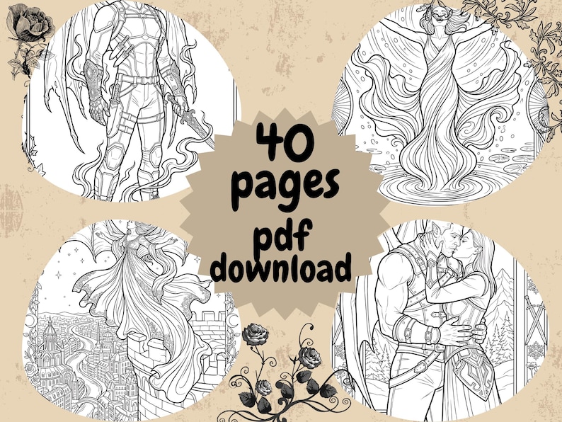 Pode incluir: Um download digital com 40 p&aacute;ginas de ilustra&ccedil;&otilde;es de fantasia. As imagens mostram desenhos detalhados de figuras aladas, uma paisagem urbana e cenas rom&acirc;nticas. O texto "40 pages pdf download" tamb&eacute;m est&aacute; inclu&iacute;do.