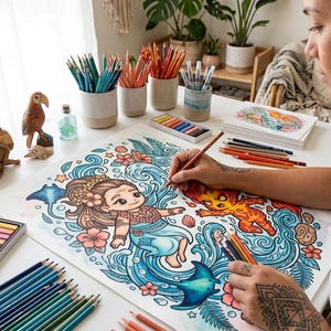 May include: A person coloring a detailed mermaid illustration with colored pencils. The artwork features a mermaid in a blue ocean scene with sea creatures and flowers. Various colored pencils are arranged on the white table, ready for use.