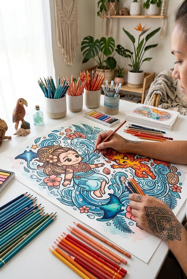 May include: A person coloring a detailed mermaid illustration with colored pencils. The artwork features a mermaid in a blue ocean scene with sea creatures and flowers. Various colored pencils are arranged on the white table, ready for use.