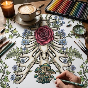 May include: A detailed illustration of a rib cage adorned with a large red rose, blue flowers, and green foliage. A hand is coloring the image with a green colored pencil. A cup of coffee, colored pencils, and a candle are on the wooden table.