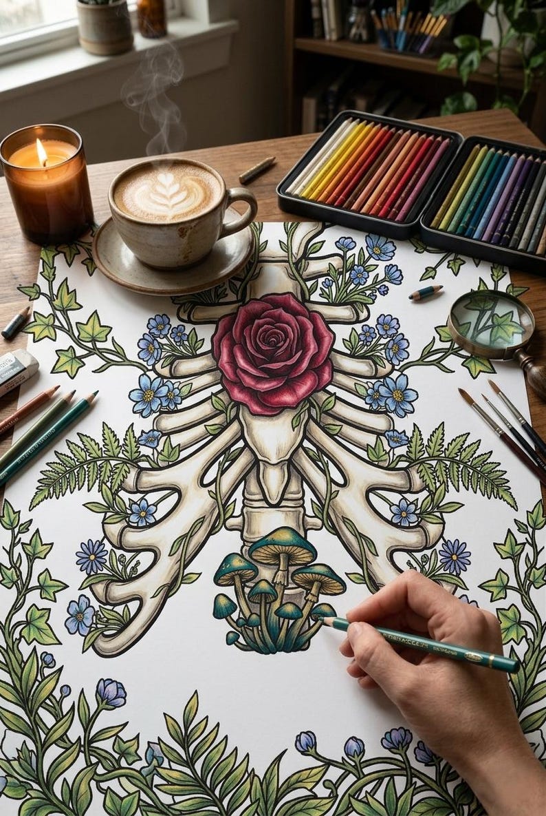 May include: A detailed illustration of a rib cage adorned with a large red rose, blue flowers, and green foliage. A hand is coloring the image with a green colored pencil. A cup of coffee, colored pencils, and a candle are on the wooden table.