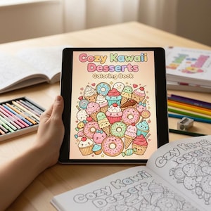 May include: A tablet displays a colorful illustration of desserts from a "Cozy Kawaii Desserts Coloring Book." The image features donuts, cupcakes, and ice cream cones. A coloring book with a similar design is open on the table, along with colored pencils.
