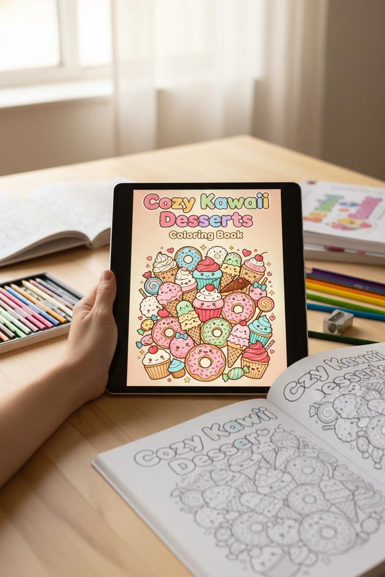 May include: A tablet displays a colorful illustration of desserts from a "Cozy Kawaii Desserts Coloring Book." The image features donuts, cupcakes, and ice cream cones. A coloring book with a similar design is open on the table, along with colored pencils.