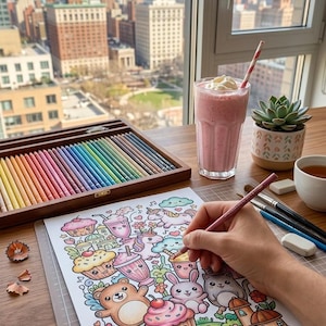 May include: A colorful illustration of cartoon characters, including a bear, bunny, and cupcakes, is being colored with a pink pencil. A wooden box of colored pencils, a pink milkshake, and a succulent plant are also on the table.