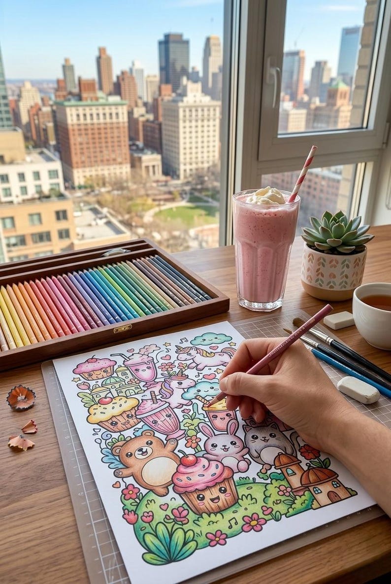 May include: A colorful illustration of cartoon characters, including a bear, bunny, and cupcakes, is being colored with a pink pencil. A wooden box of colored pencils, a pink milkshake, and a succulent plant are also on the table.