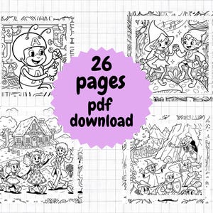 May include: Black and white line art coloring book pages. The image features four panels with different scenes, including characters, houses, and fantasy elements. The text "26 pages pdf download" is in the center.