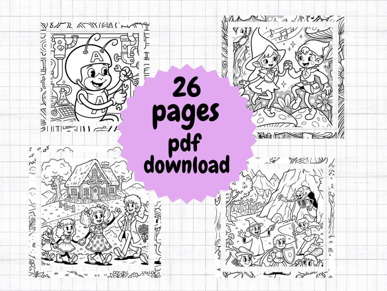 May include: Black and white line art coloring book pages. The image features four panels with different scenes, including characters, houses, and fantasy elements. The text "26 pages pdf download" is in the center.