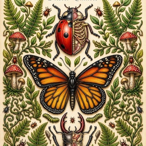 May include: A poster titled Dark Anatomy Insect Edition featuring a central monarch butterfly, a ladybug, and a stag beetle with visible internal skeletal structures. The design includes green fern fronds, red mushrooms, and small insects.