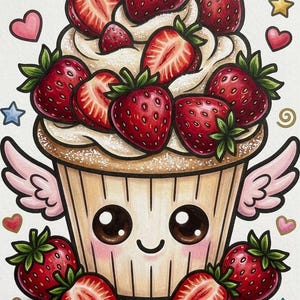 May include: A whimsical illustration of a cupcake with a smiling face, angel wings, and topped with fresh strawberries. Surrounding the cupcake are decorative elements like bows, hearts, and stars, all in a vibrant, colorful style.