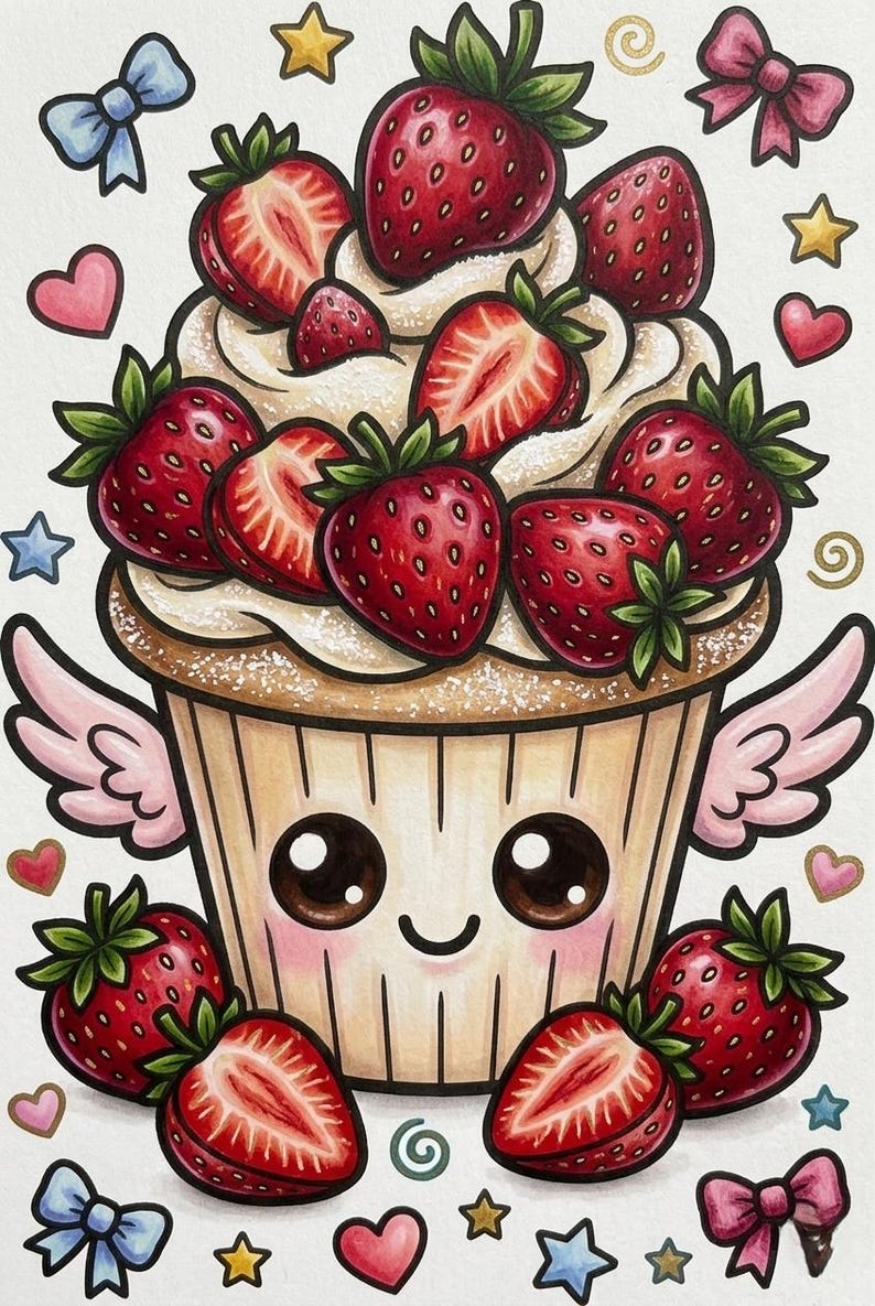May include: A whimsical illustration of a cupcake with a smiling face, angel wings, and topped with fresh strawberries. Surrounding the cupcake are decorative elements like bows, hearts, and stars, all in a vibrant, colorful style.