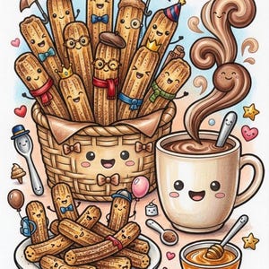 May include: A whimsical illustration of smiling churros in a basket, on a plate, and with accessories. A cup of hot chocolate with steam, honey, and cinnamon sticks complete the scene. The image is in a cartoon style with a light color palette.