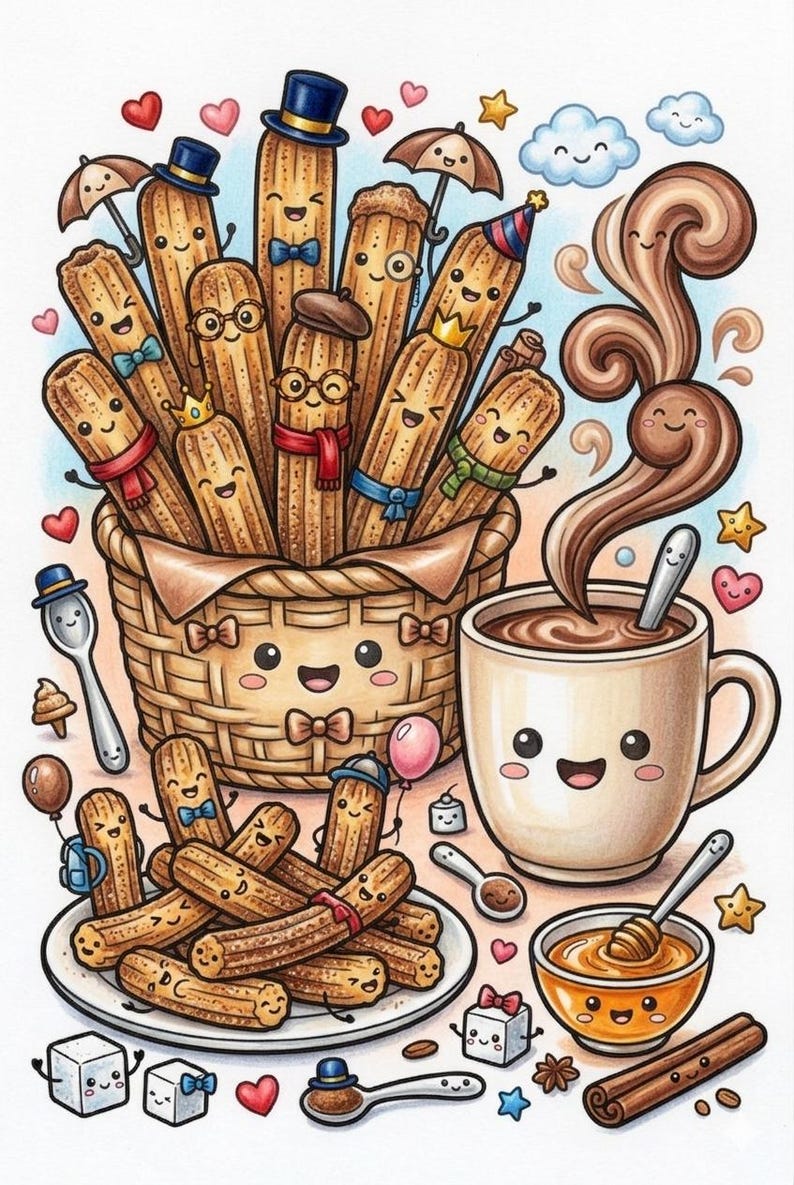 May include: A whimsical illustration of smiling churros in a basket, on a plate, and with accessories. A cup of hot chocolate with steam, honey, and cinnamon sticks complete the scene. The image is in a cartoon style with a light color palette.