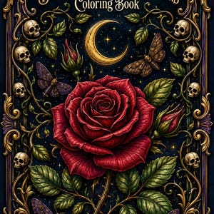 May include: A coloring book titled Dark Language of Flowers featuring a large red rose, green leaves, and thorny stems. The cover includes a golden crescent moon, four moths, and eight small skulls arranged within an ornate gold and purple frame.
