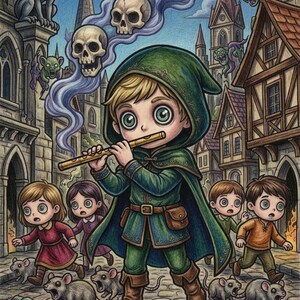 May include: A colored illustration depicting a figure in a green hooded cloak playing a golden flute, surrounded by children and rats on a cobblestone street. Above, purple smoke forms skulls, with a gargoyle and buildings in the background.
