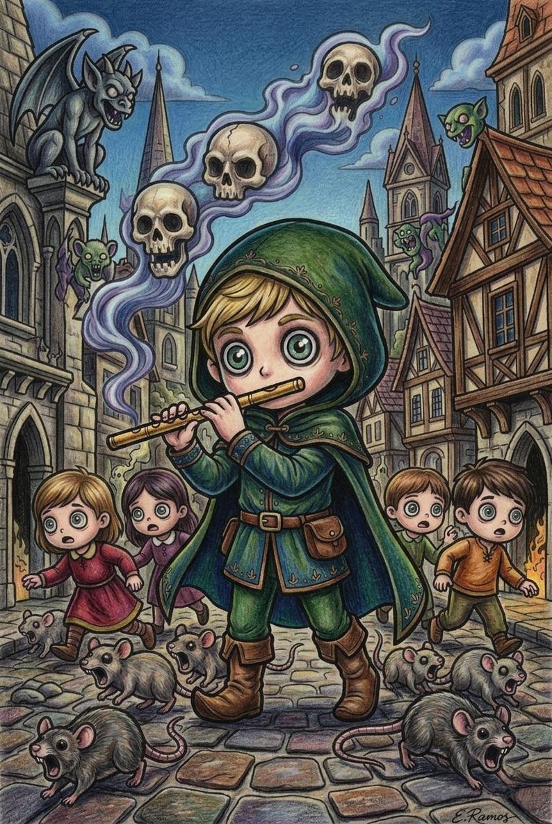 May include: A colored illustration depicting a figure in a green hooded cloak playing a golden flute, surrounded by children and rats on a cobblestone street. Above, purple smoke forms skulls, with a gargoyle and buildings in the background.