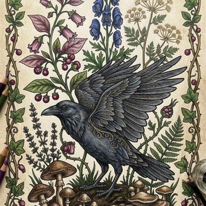 May include: Detailed illustration of a raven with outstretched wings, surrounded by colorful flora and fauna. The artwork features mushrooms, berries, and various plants, all framed by a decorative border. The raven is depicted in shades of gray and blue.