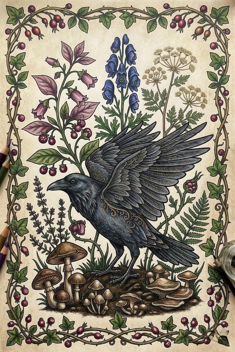 May include: Detailed illustration of a raven with outstretched wings, surrounded by colorful flora and fauna. The artwork features mushrooms, berries, and various plants, all framed by a decorative border. The raven is depicted in shades of gray and blue.
