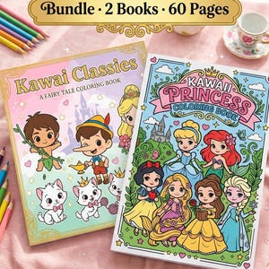 Kawaii Princess Fairy Tale Coloring Book Bundle 60 PagesPDF
