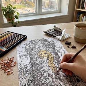 May include: A coloring page featuring a character with long blonde hair in a stone tower window, surrounded by gnarled trees, lightning bolts, and a cloaked figure. The illustration is partially colored with pencils, with a pencil in use.