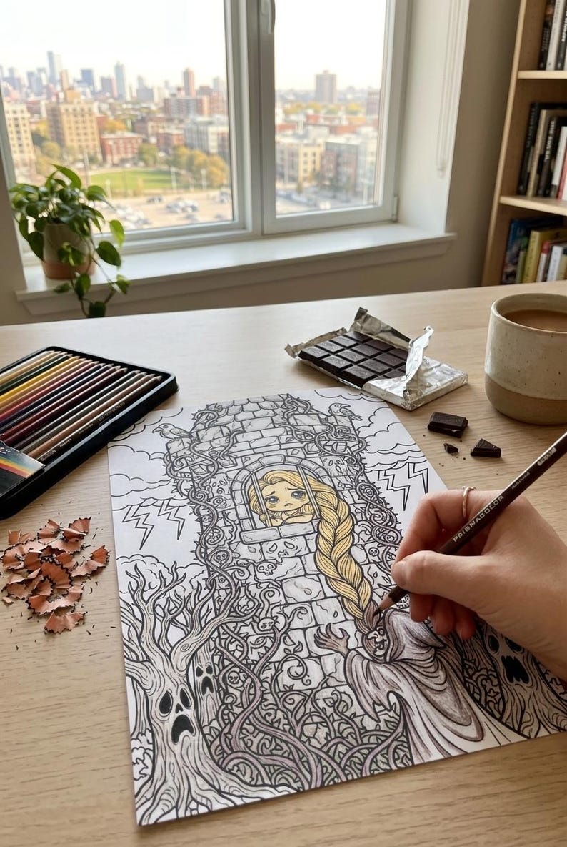 May include: A coloring page featuring a character with long blonde hair in a stone tower window, surrounded by gnarled trees, lightning bolts, and a cloaked figure. The illustration is partially colored with pencils, with a pencil in use.