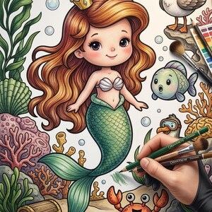 May include: A colorful illustration of a mermaid with long auburn hair, a gold crown, and a green tail. The mermaid is surrounded by sea creatures, including a crab, fish, and seagull. The image is being colored with colored pencils.