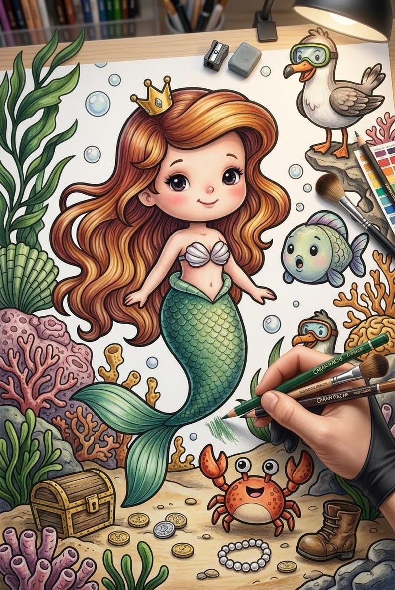 May include: A colorful illustration of a mermaid with long auburn hair, a gold crown, and a green tail. The mermaid is surrounded by sea creatures, including a crab, fish, and seagull. The image is being colored with colored pencils.