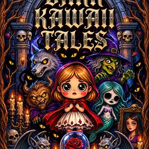 May include: A poster titled DARK KAWAII TALES featuring a central character in a red hooded cape surrounded by a wolf, a witch, a beast, a mermaid, and a portrait. The scene includes skulls, gargoyles, candles, and a single red rose in a glass dome.