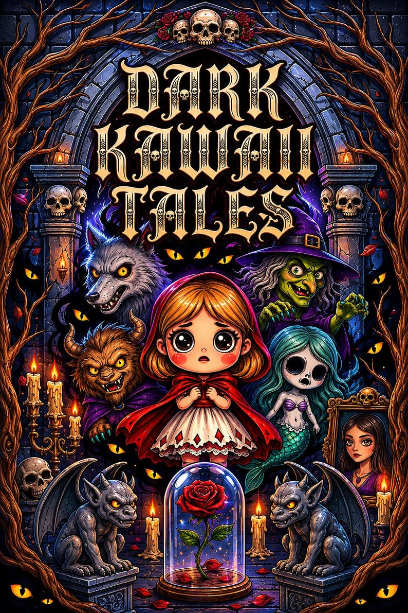 May include: A poster titled DARK KAWAII TALES featuring a central character in a red hooded cape surrounded by a wolf, a witch, a beast, a mermaid, and a portrait. The scene includes skulls, gargoyles, candles, and a single red rose in a glass dome.
