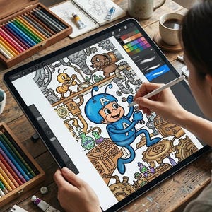 May include: A person using a stylus to draw on a digital tablet, illustrating a cartoon character in a blue suit and helmet. The workspace includes colored pencils, paint tubes, and a coffee cup, suggesting a creative art studio setting.