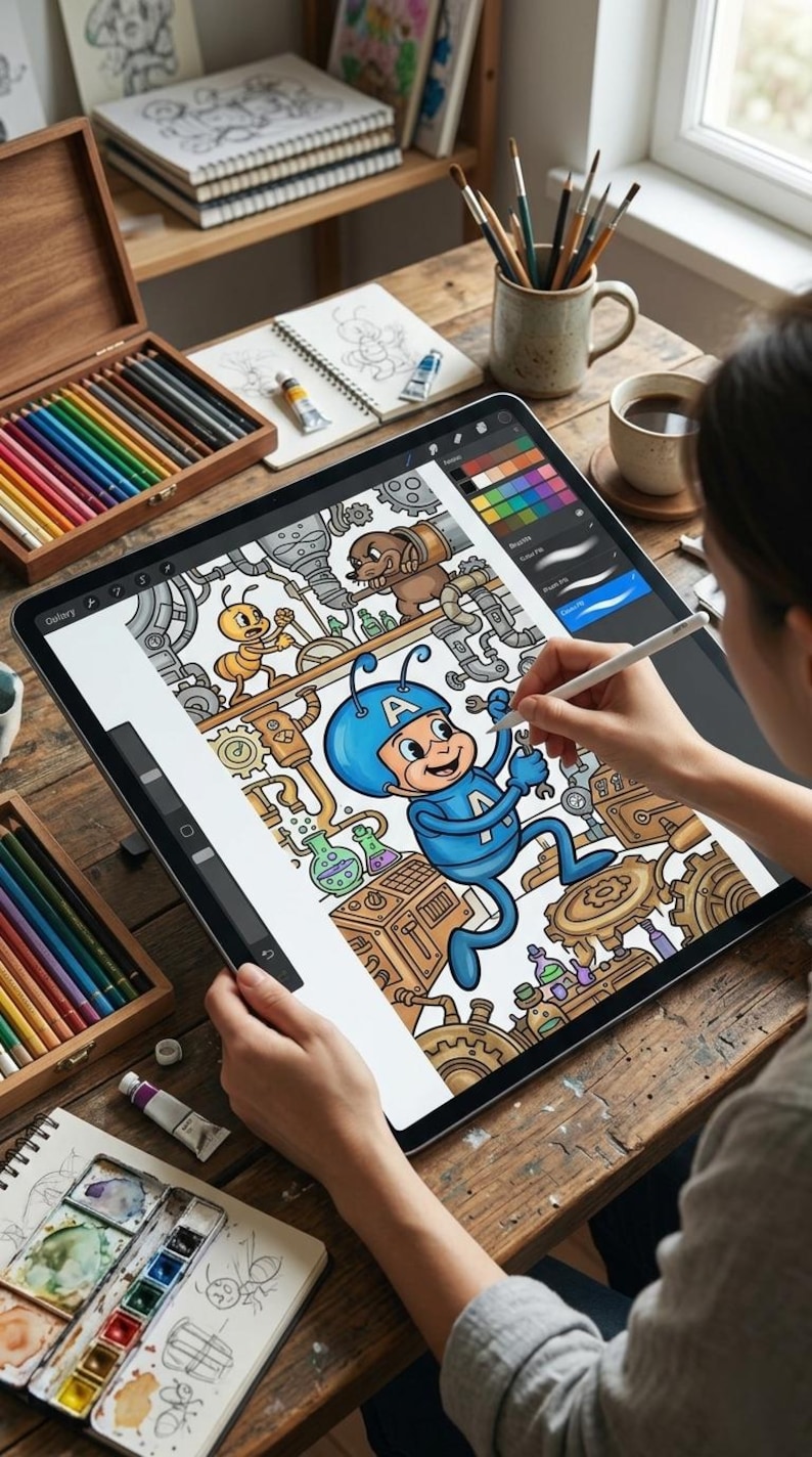 May include: A person using a stylus to draw on a digital tablet, illustrating a cartoon character in a blue suit and helmet. The workspace includes colored pencils, paint tubes, and a coffee cup, suggesting a creative art studio setting.