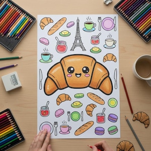 May include: A colorful illustration of French breakfast items, including croissants, bread, butter, jam, coffee, and macarons. The Eiffel Tower is also depicted. Colored pencils and a cup of coffee surround the drawing on a wooden surface.
