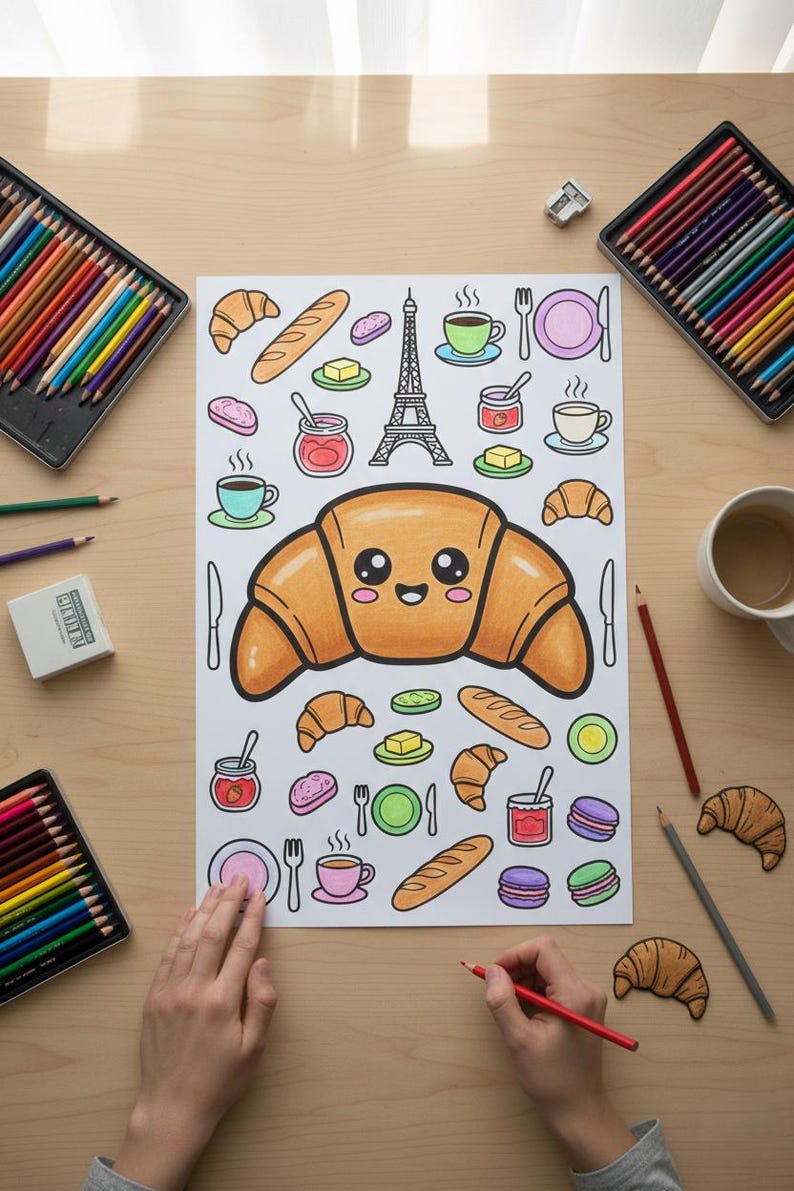 May include: A colorful illustration of French breakfast items, including croissants, bread, butter, jam, coffee, and macarons. The Eiffel Tower is also depicted. Colored pencils and a cup of coffee surround the drawing on a wooden surface.