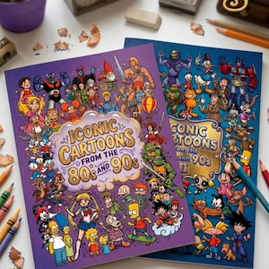 May include: Two books titled "Iconic Cartoons from the 80s and 90s" featuring cartoon characters. The books are purple and blue, with colorful illustrations of popular cartoon characters. Pencils and pencil shavings surround the books.
