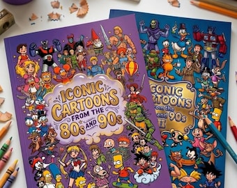 Retro Cartoon Coloring Book Bundle, 80s 90s Animation Style, Nostalgic Adults PDF Download