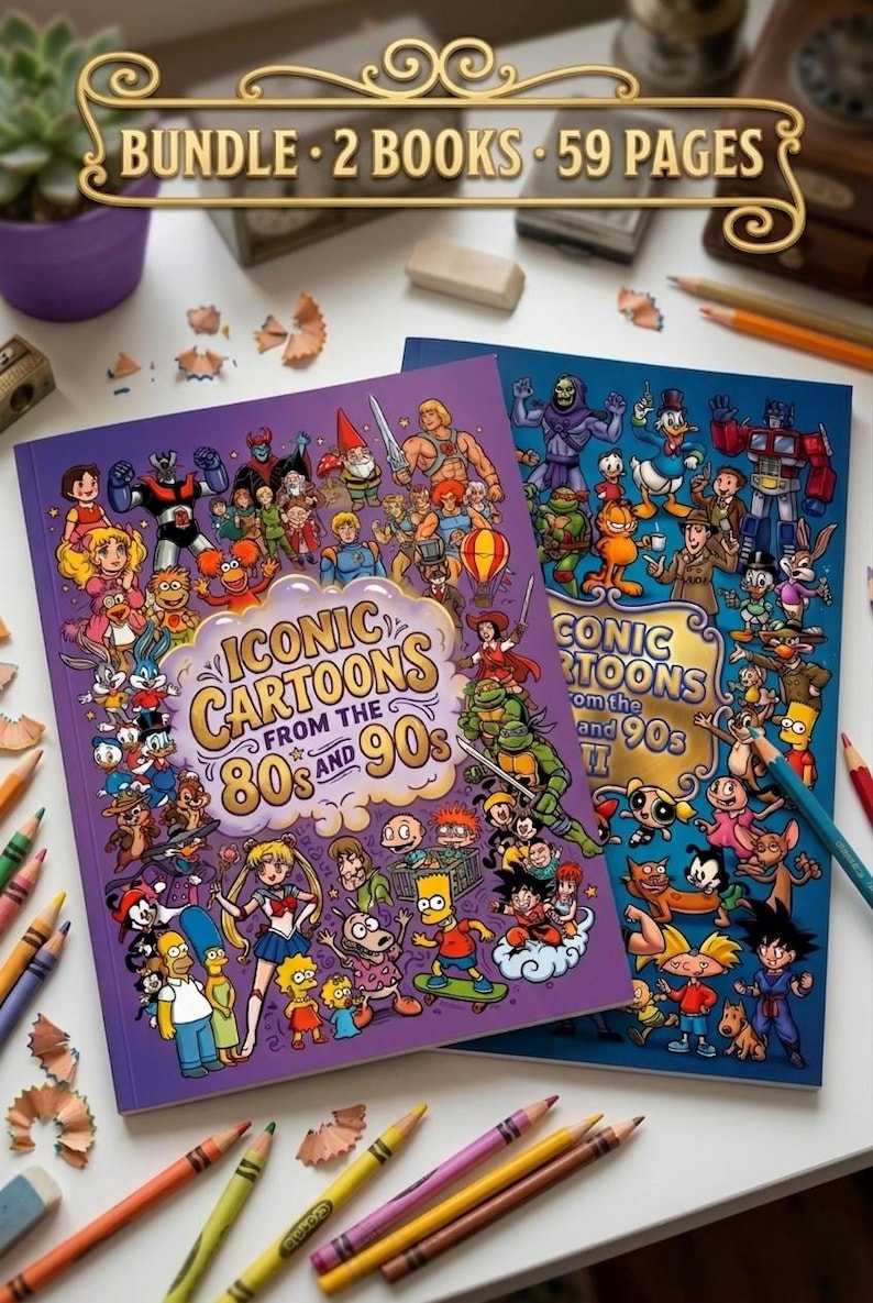 May include: Two books titled "Iconic Cartoons from the 80s and 90s" featuring cartoon characters. The books are purple and blue, with colorful illustrations of popular cartoon characters. Pencils and pencil shavings surround the books.