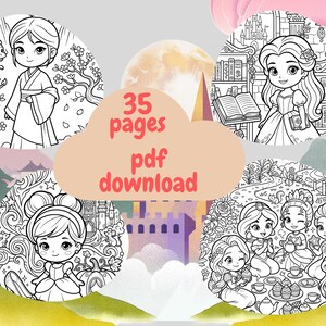 May include: A digital download featuring 35 pages of princess-themed coloring pages. The illustrations are in black and white and include various princesses, castles, and other related elements. The text "35 pages pdf download" is also included.